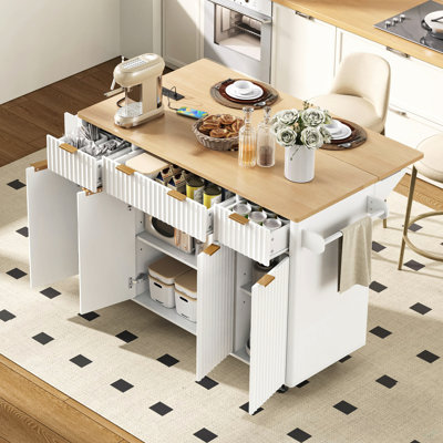 Fluted Kitchen Island With Storage, 55.5" Kitchen Island With Drop Leaf, Power Outlet, 4 Doors And 3 Drawers, Rolling Island Table With Wood-Grain Top, Curved Edge For Kitchen,Dining Room