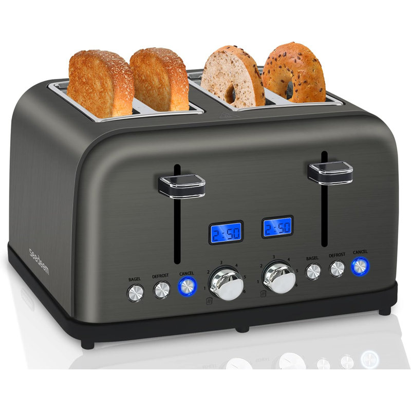 Toaster 4 Slice, LCD Display, 6 Shade Settings, 1.5'' Wide Slots Toaster,1500W, Gray