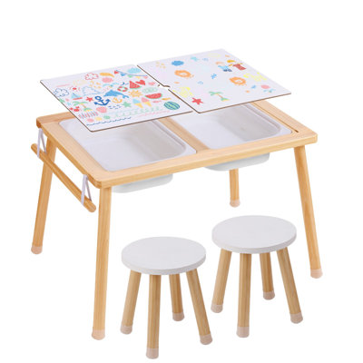 Sensory Table and Chairs Set, Toddlers Activity Table with 2 Stools, 2 Storage Bins & Paper Roll Holder, Indoor/Outdoor Play Sand and Water Table, Woo