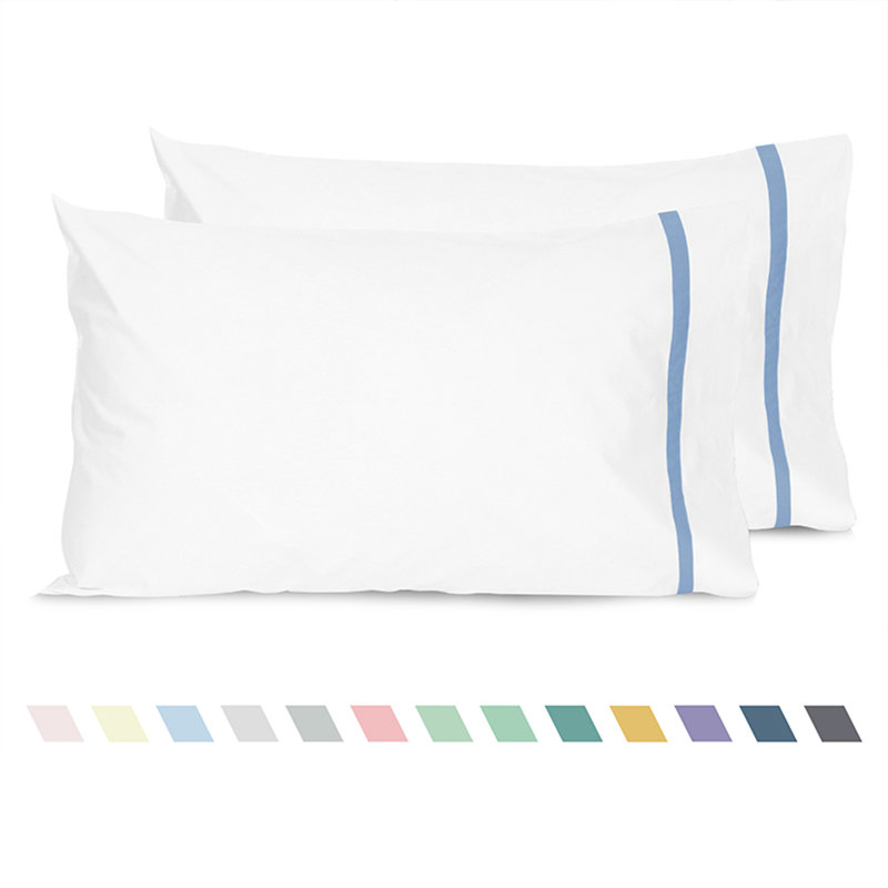 Ensemble de taies d'oreiller ouvertes rayées 100% coton percale, Bleu clair, Grand lit