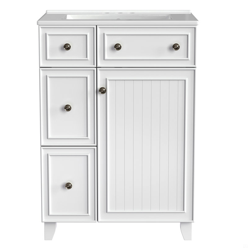 Armoire de meuble-lavabo 24 po avec lavabo en céramique, 2 tiroirs, 1 porte, White, Argent argent