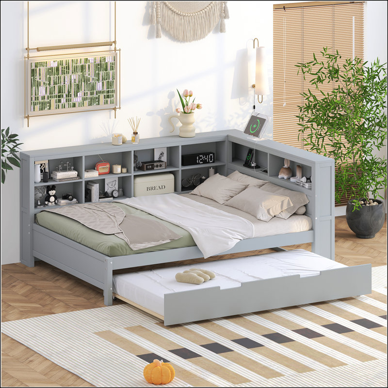 Lit de jour double en bois avec lit gigogne simple, tablette de rangement et chargement USB, parfait pour les espaces de vie modernes et fonctionnels