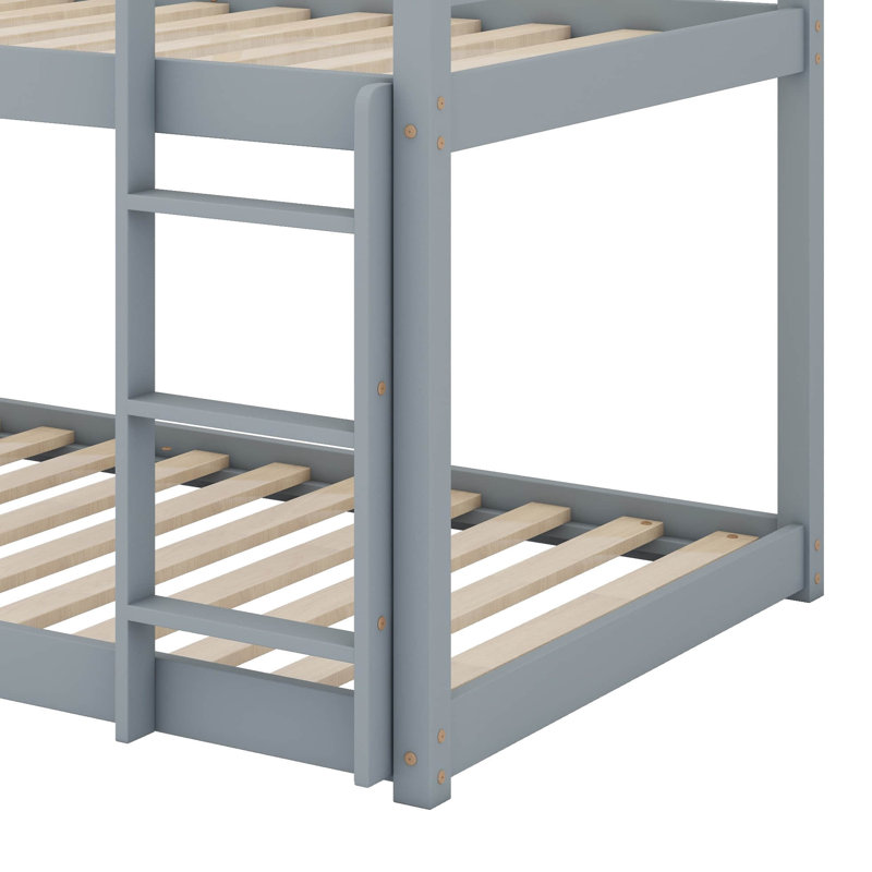 Wood Twin Over Twin Low Bunk Bed With Ladder, Gray