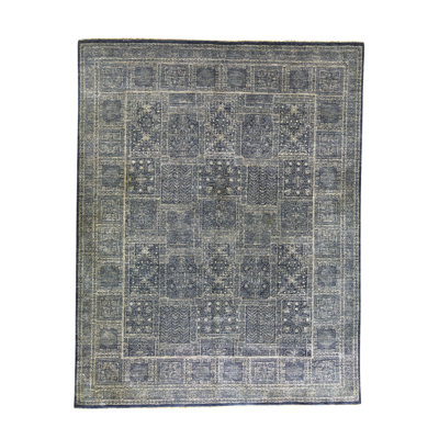 Tapis bleu clair et beige noué à la main de haute qualité