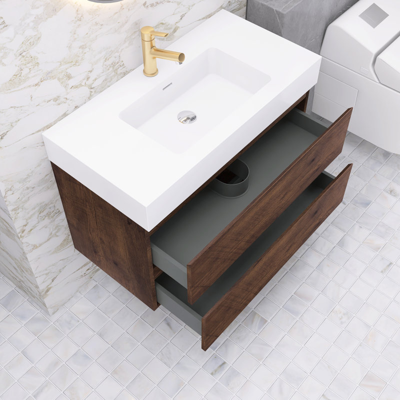 Meuble-lavabo simple Nihat, Blanc, Noyer