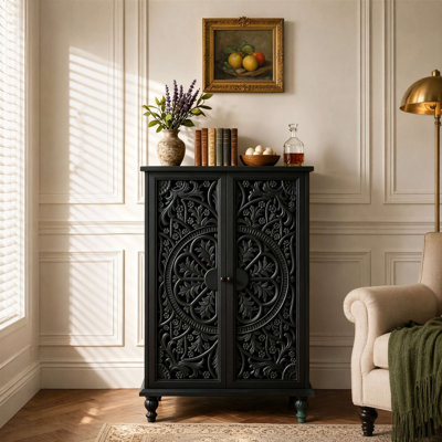 47" Tall Farmhouse Vintage Decorative Storage Cabinet with Floral Carved Door, Freestanding Retro Display Side Cabinet with Adjustable Shelf and Solid Wood Legs for Living Room, Entryway, Dining Room, Black