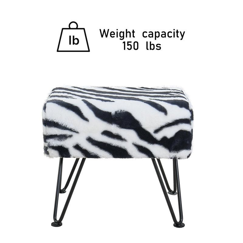 Upholstered Ottoman, Black/White Faux Fur