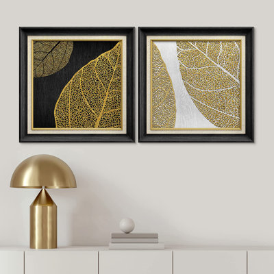 Golden Autumn Tree Leaf - Ensemble de 2 peintures sur toile encadrées