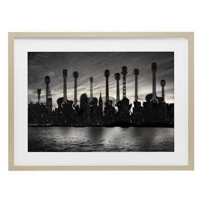 Guitare, paysage urbain, impression encadrée sous verre, conception par CAD Designs
