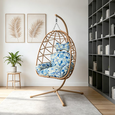 Chaise hamac en forme d'œuf, chaise pivotante, chaise suspendue en osier avec coussin lavable amovible - support en métal robuste, conception tissée respirante capacité de 350 lb pour le patio intérieur et extérieur (jaune et floral)