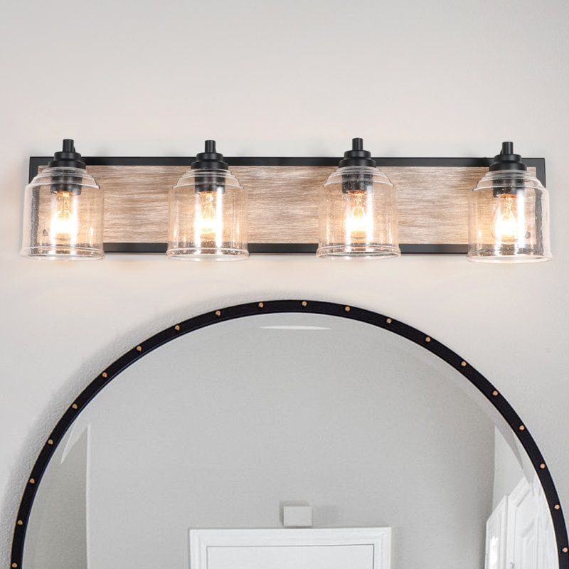     31.5 W 4-Light Farmhouse Faux Wood Grain Vanity Light with Seeded Glass for Bathroom & Mirror, 4, Black/Gray
