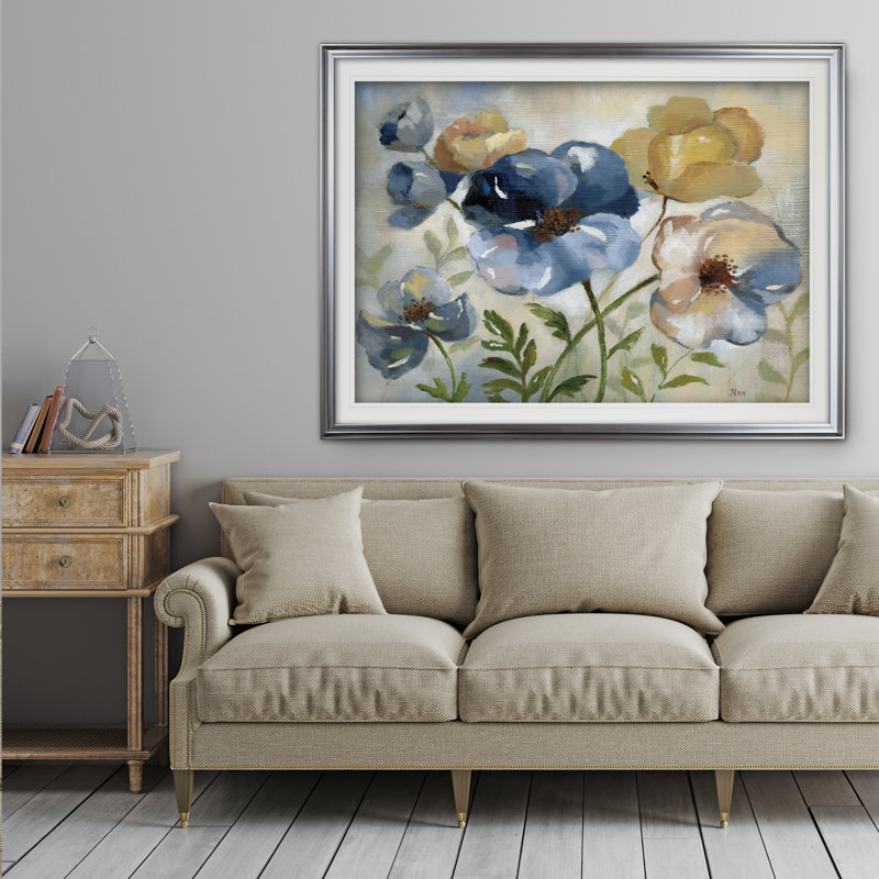 « winter fleuris », reproduction de peinture à l’huile, Cadre argenté, H 31 po x l 43 po x P 1,5 po