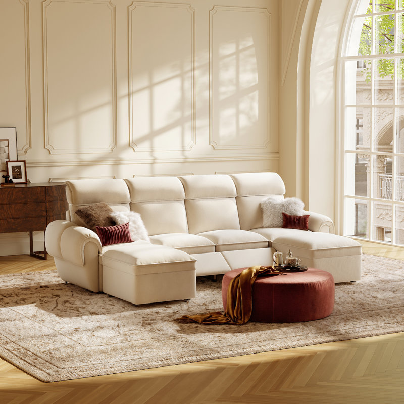 4 Seater Modular Sectional Sofa With 2 Ottomans, Couch With Storage, Off White, 0 Power Seat