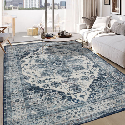 Tapis 5 x 7 pour salon, tapis lavable à la machine, tapis de cuisine antidérapant antitaches, tapis traditionnel délavé, tapis rétro pour chambre à coucher, salle à manger, bureau, bleu marine