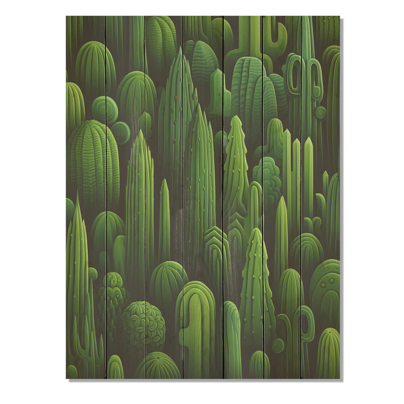 Green Cactus Desert II - Cactus floral sur bois, H 32 po x l 24 po