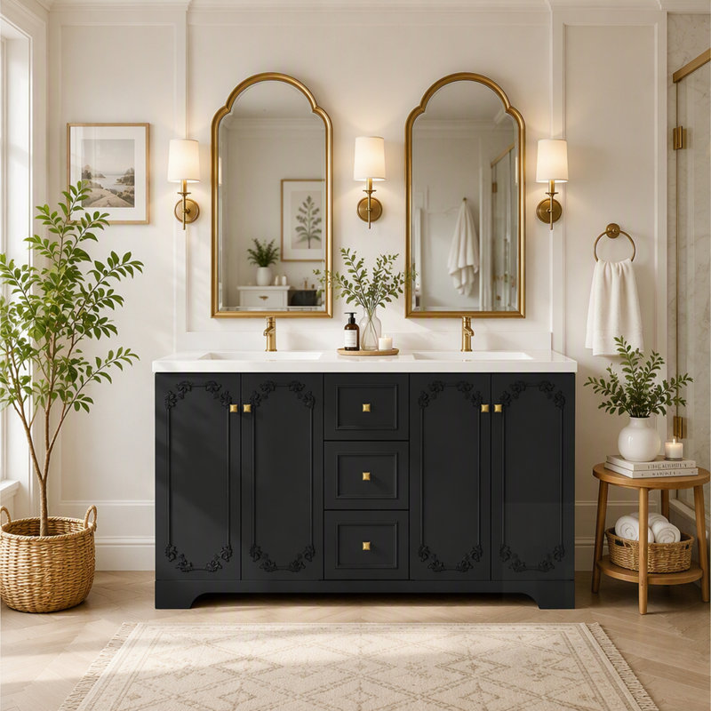 Armoire de salle de bain sculptée de style français avec rangement abondant, 4 portes à fermeture douce et 3 tiroirs, Black