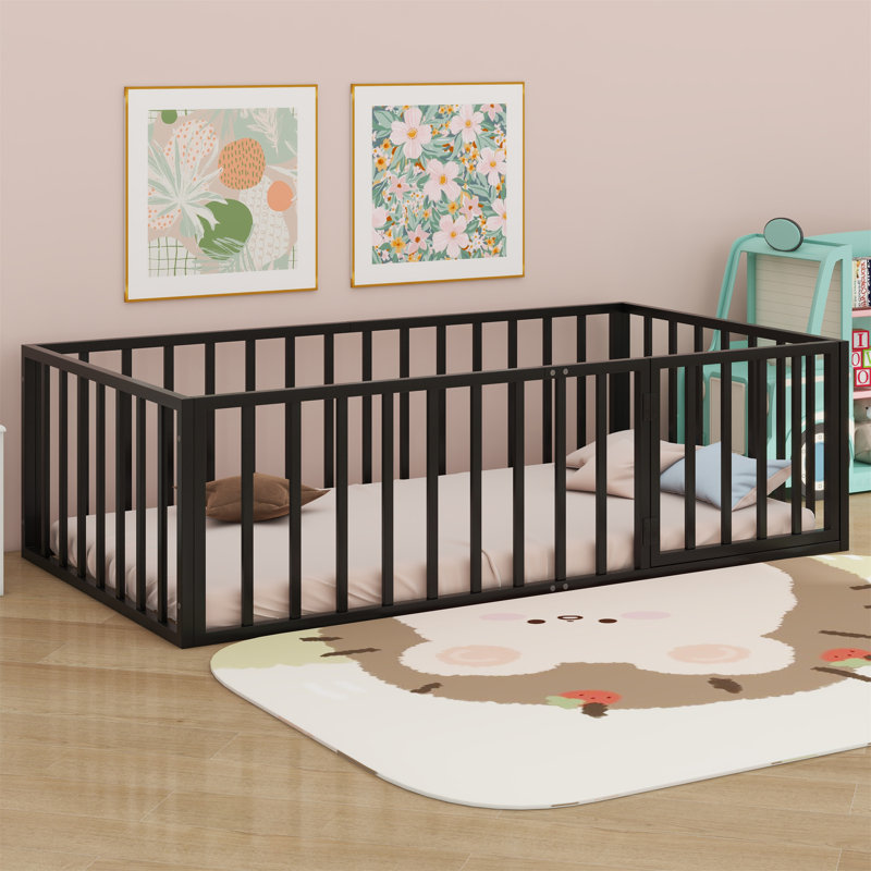 Metal Floor Bed Frame With Fence And Door, Black, King