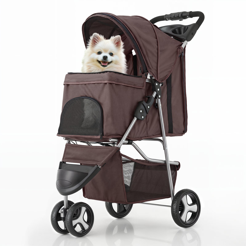 Foldable Pet Stroller, 3 Wheels Folding Carrier Jogger Stroller for Dogs Cats with Canopy and Basket, Coffee