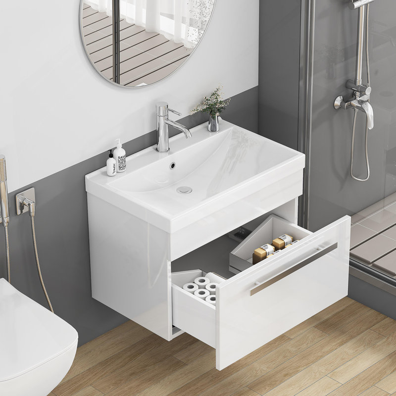 Meuble-lavabo mural de 24 po avec tiroir à fermeture en douceur, finition blanc brillant et lavabo en céramique à bords épais unique pour les salles de bain modernes