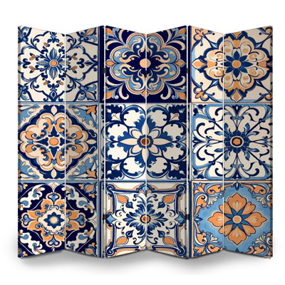 Mexican 6 Panels Folding Screen Royal Blue Orange Floral Ceramic Tile Intricate Design Canvas Screen Room Separator Freestanding Protective Wall Divider Privacy Partition