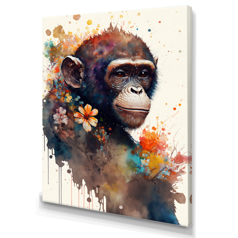«Cute Monkey Floral Art I», reproduction d'art sur toile, L 24 po x H 32 po, Toile tendue