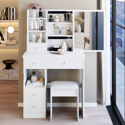 Petite coiffeuse blanche de style américain avec tiroir à gauche, miroir coulissant à droite, rangements à plusieurs niveaux et tabouret rembourré pour chambres d'une hauteur de 50,4 pouces.