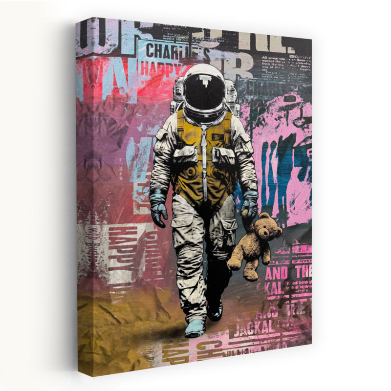 Astronaut With Teddy Bear Colorful Contemporary Bear Urban Wall Art Print by Mykola Kuryliuk - Wrapped Canvas Print