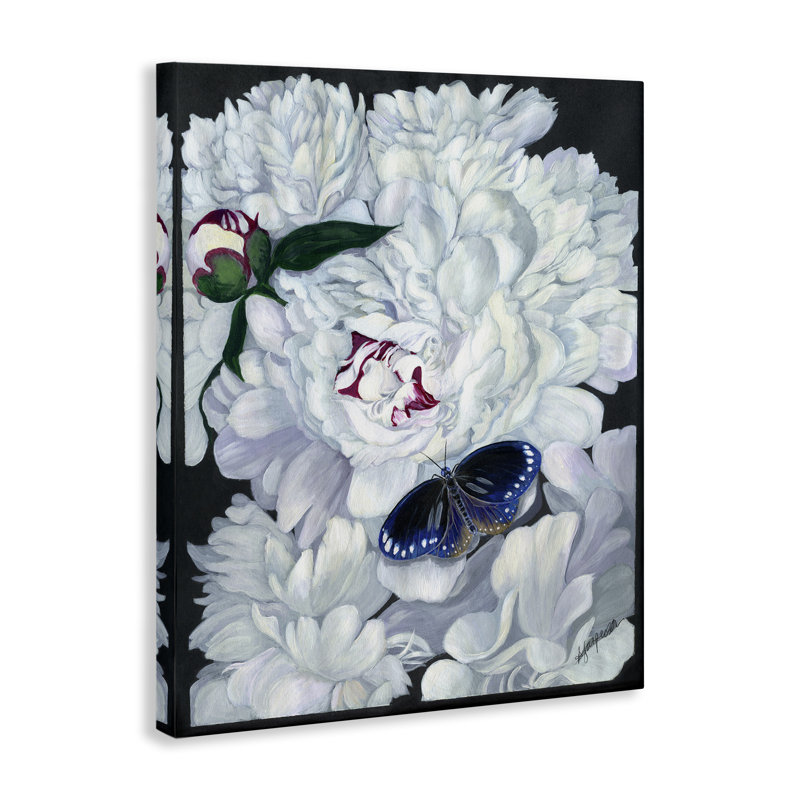 Art mural rétro sur toile pivoine et papillon par Ann Jasperson, H 30 po x l 24 po