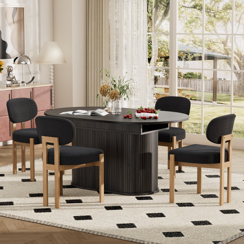 Modern 55.11"-70.86" MDF Extendable Dining Table Set For 4-6 With Chenille Upholstered Chairs, Space Saving Expandable Kitchen & Dining Room Furniture Set, Stylish Comfortable Dinner Table Set