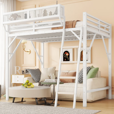 Queen Size Metal Loft Bed with Ladder and Storage Shelves, High Loft Bed for Kids and Teens, White