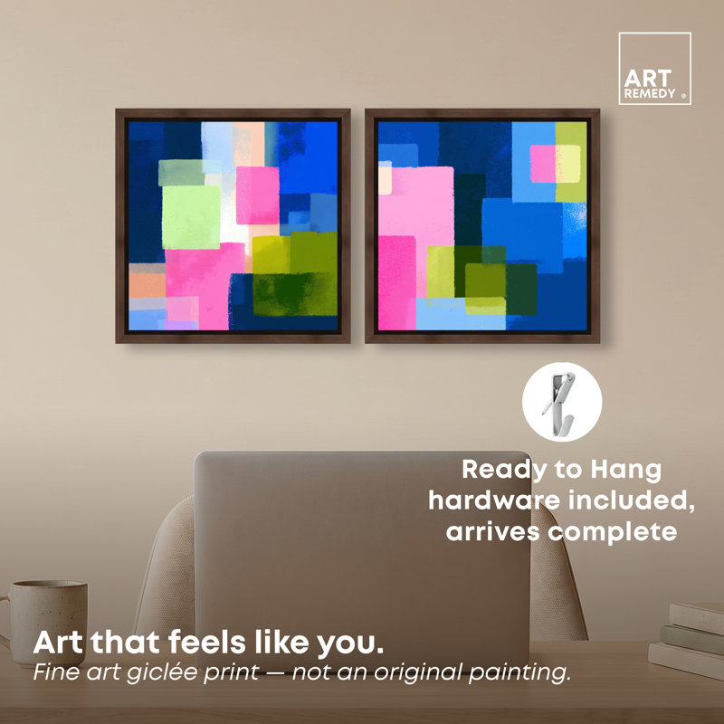 «Bright Blocks Duo», ensemble d'art mural moderne sur toile encadrée, H 13 po x l 13 po, Cadre noyer