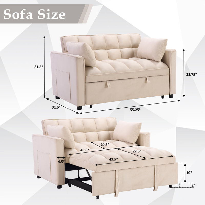 Canapé-lit rembourré capitonné de 55,2 po de largeur avec deux coussins décoratifs, Blanc