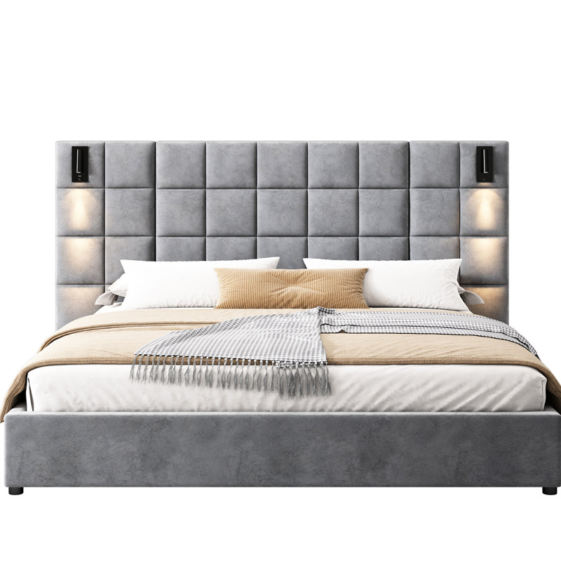 Très grand lit tapissier en velours gris, lampe de lecture et fonction, tête de lit spacieuse, rembourrage en mousse, matériau en bois, sans matelas ni tables, sommier tapissier, lit à installation rapide avec revêtement, port