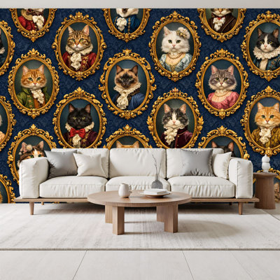 Peel and Stick Wallpaper Vintage Portraits Cats Ornate Frames Attire Wall Murals 69"H x 96"W Removable PVC Wall Paper Self-Adhesive Wall Decor for Bedroom Living Room Home Office