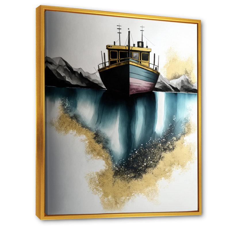 " Green Modern Fishing Boat ", 20" H x 12" W x 1" D, Gold Floater Framed