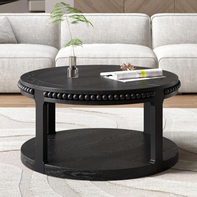 31.5 Inch Solid Wood Round Coffee Table for Living Room,2-Tier Rustic Wood Desktop with Storage Shelf Modern Design Home Furniture (Black)