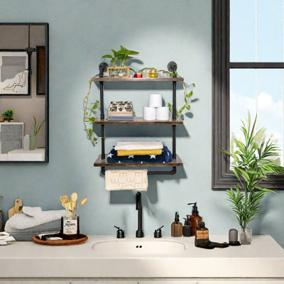 Industrial Pipe Floating Shelves With Towel Bar, 24 Inch Farmhouse Vintage Style Shelf For Bathroom, Wall Mounted (3 Tiers)