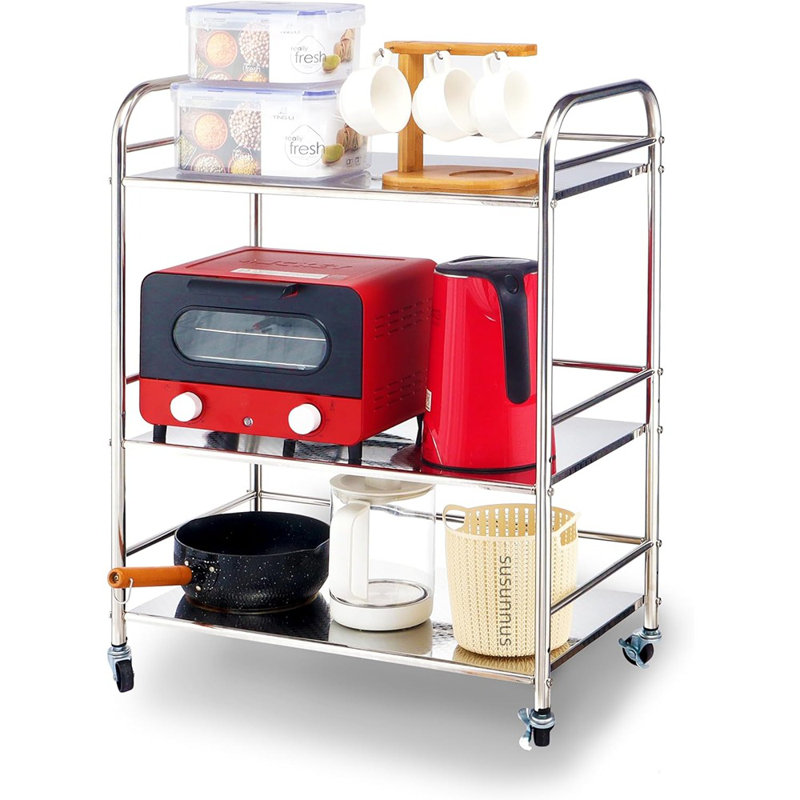 Chariot utilitaire roulant à 3 niveaux en acier inoxydable avec roues, chariot de rangement en métal pour la cuisine et à usages multiples, chariot de service mobile pour divers espaces (argent)