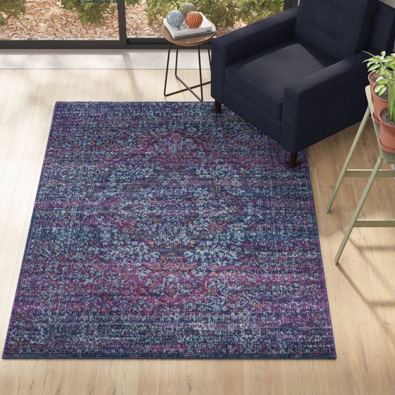 Tapis oriental bleu foncé / mauve Hillsby, Rectangle 3 pi 11 po x 5 pi 7 po