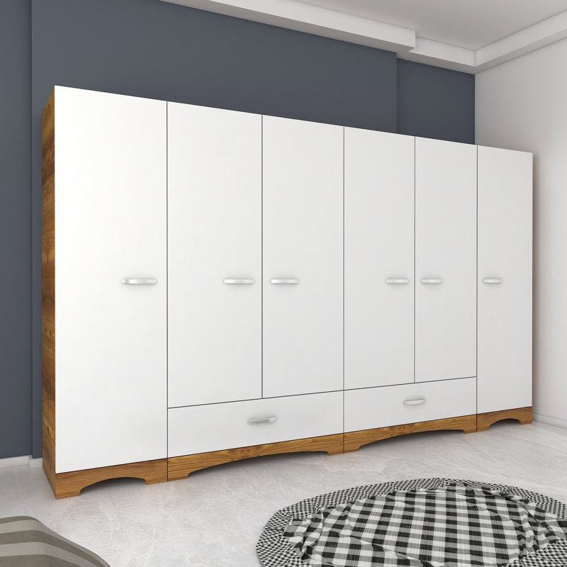 Armoire moderne avec nombreuses tablettes, blanc et noyer, 95,7 x 71,3 x 18,7 pouces | Panneau de particules 100% mélamine de qualité E1, épaisseur: 0,7 pouce | Fixation murale pour un rangement supplémentaire, design élégant et fonctionnel