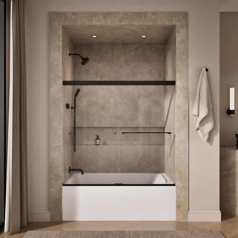 Revel 59.63'' x 55.5'' Double Sliding Bath Door with CleanCoat Technology, Anodized Dark Bronze, Crystal Clear