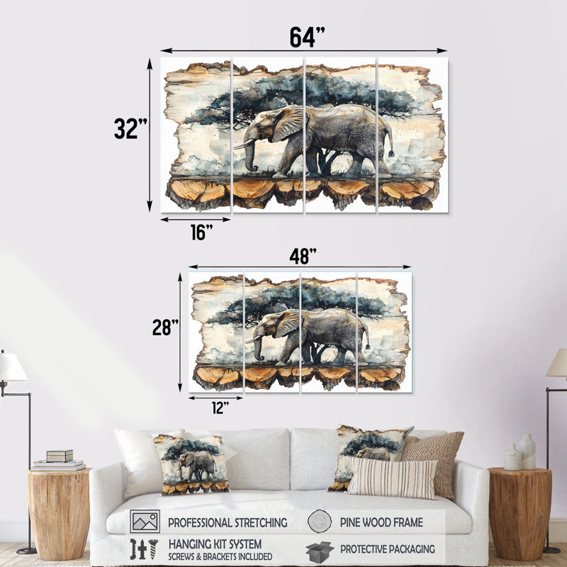 Éléphant sous le baobab, diapositive en bois IV - éléphant, art mural - décoration murale moderne, H 32 po x l 64 po, 4