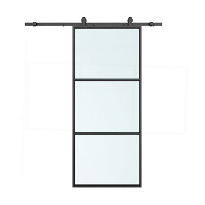 36 po X 84 po Porte de grange coulissante en verre noir givré avec ensemble de quincaillerie