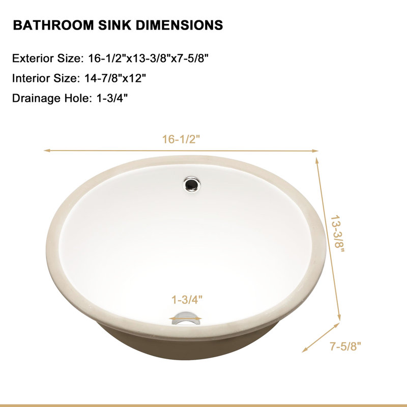 Oval, White, Undermount, Ceramic, Bathroom Sink, 16.5"x13.4", - Stain, Practical Overflow, Outdoor Bathrooms Acid , Polished Finish, Overflow Feature