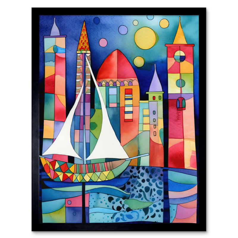 Marina At Night Colourful Folk Art Watercolour Painting Artwork Framed Wall Art Print 9X7 Inch