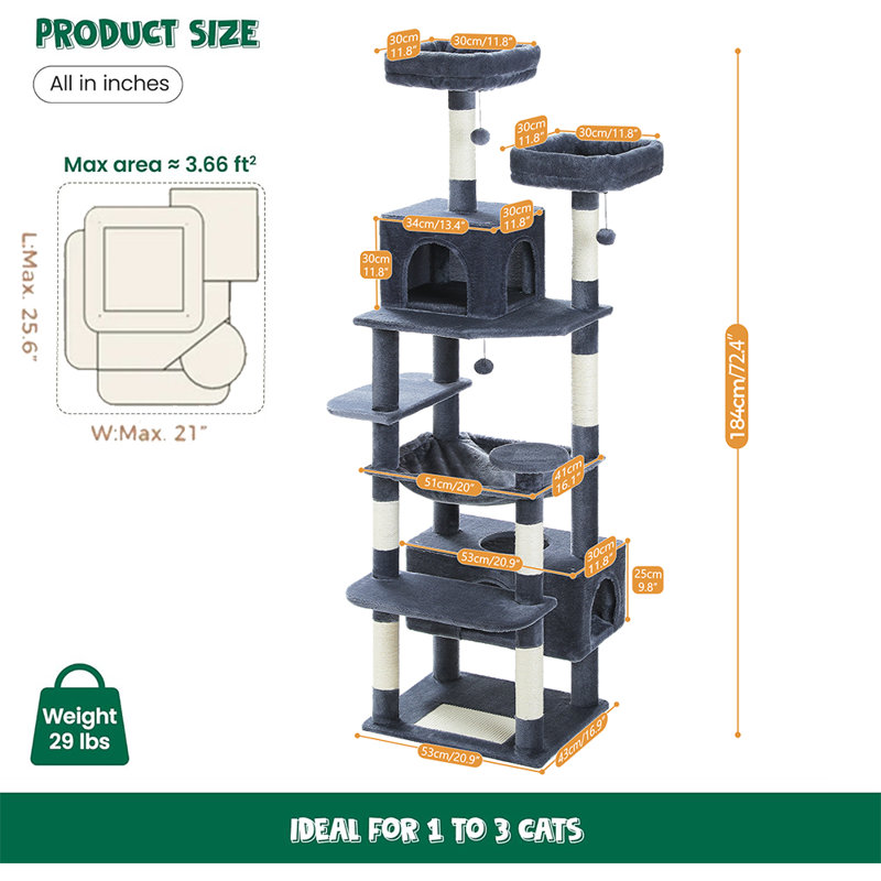 Arbre à chat de 72 po pour chat Etha, Gris foncé