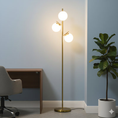 Lampe sur pied moderne à 3 lumières pour le salon, lampe sur pied pour chambre à coucher avec abat-jour sphérique, base en acier (ampoule non incluse), or
