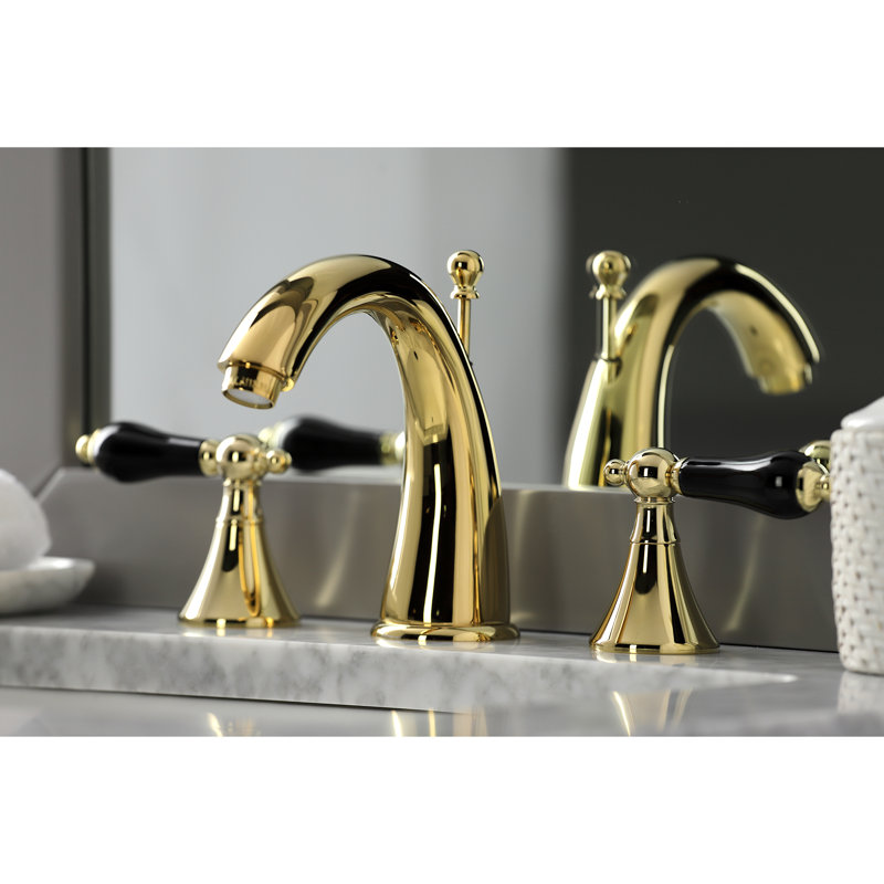 Kingston Brass Duchess Two-Handle 3-Hole Deck Mount Widespread Bathroom Faucet with Brass Pop-Up Drain, Polished Brass