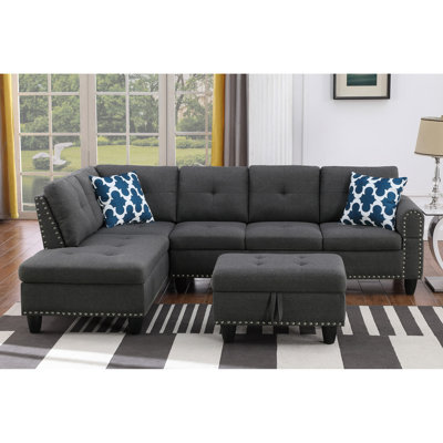 Méridienne faisant face à la gauche, 98 po de largeur, tissu en lin gris foncé, coussins rembourrés de mousse, pieds modernes, arrondis, garniture cloutée, charmant et modulaire avec revêtement, sièges, structure en bois, accoudoirs à goujon,