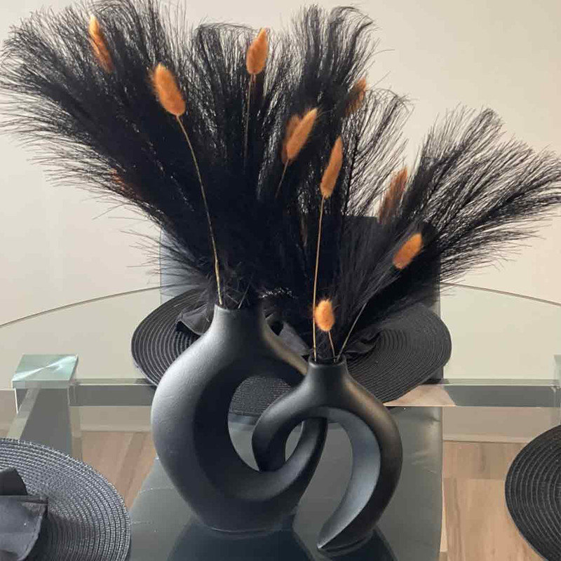 Matte Black Ceramic Decorative Vase Set with Curved Design